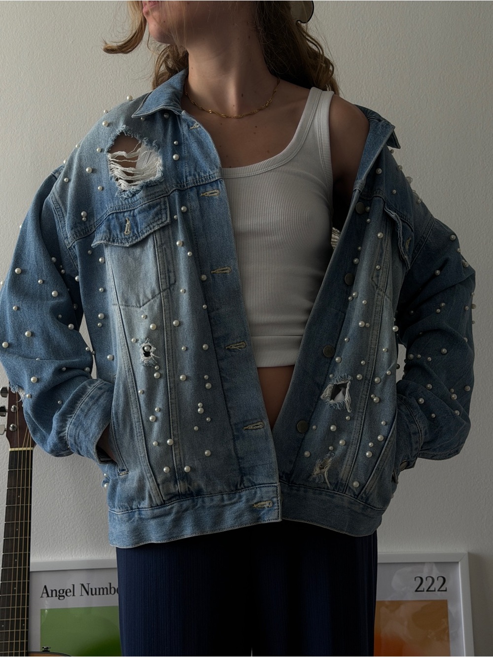 Free People Pearl-Embellished Light Blue Distressed Denim Jacket